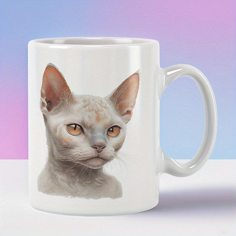 Tailorly White Ceramic 11 oz Mug - Sophisticated Hand Painted Style Portrait Of A Majestic Devon Rex Cat