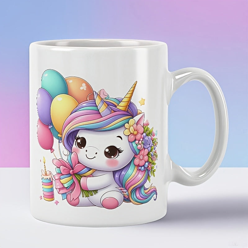 Tailorly White Ceramic 11 oz Mug - Adorable Pastel Rainbow Mane With Colorful Balloons And Floral Accents Unicorn