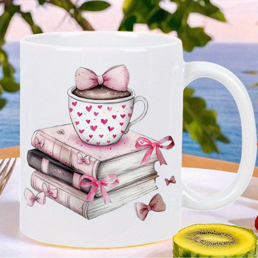 Tailorly White Ceramic 11 oz Mug - Elegant Watercolor Pink Bows Decorating A Cozy Teacup Resting On Vintage Stacked Books