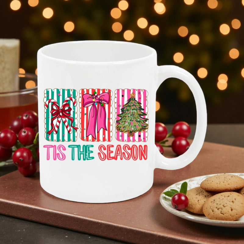Tailorly White Ceramic 11 oz Mug - Tis The Season Festive Christmas Illustrations Featuring Candy Canes Bows And Tree Mug