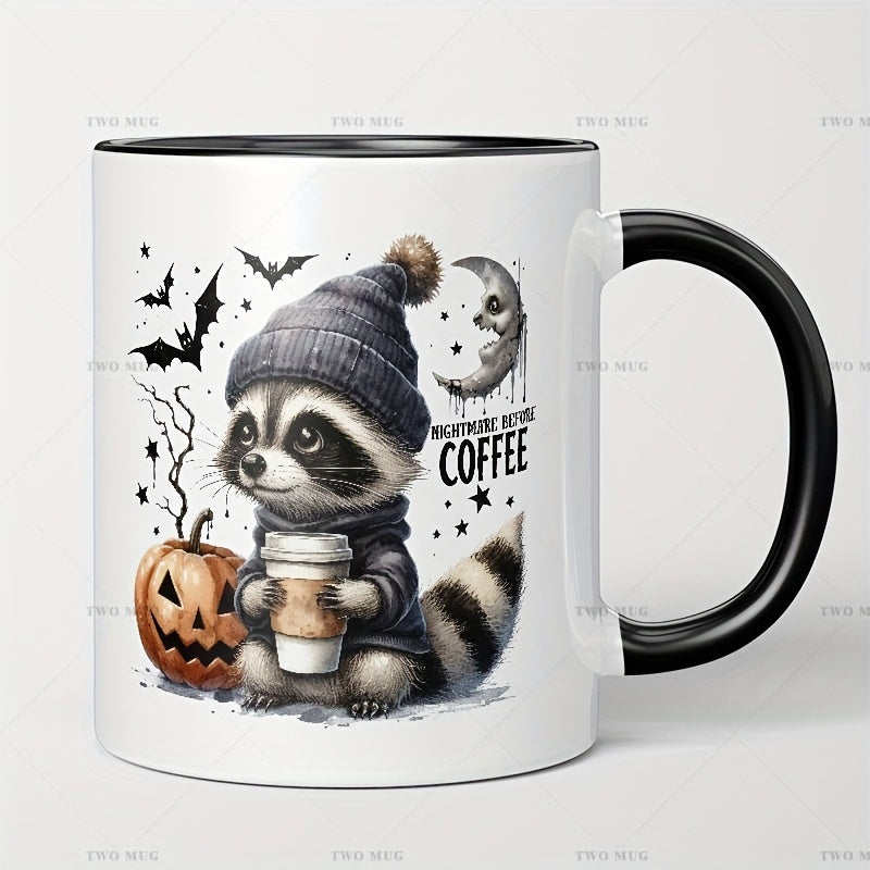 Tailorly Black Accent 11 oz Mug - raccoon before coffee with Christmas elements
