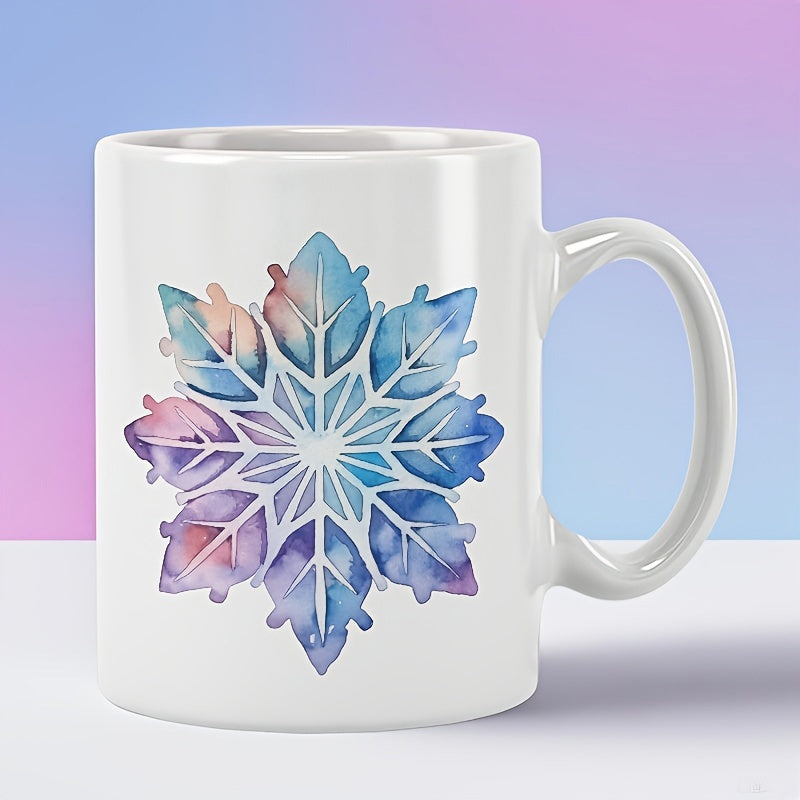 Tailorly White Ceramic 11 oz Mug - Vibrant Watercolor Winter Pattern Created With Radial Colorful Decorative Leafy Elements Snowflake