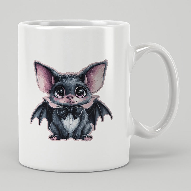 Tailorly White Ceramic 11 oz Mug - Adorable Little Midnight Wearing Elegant Bow Tie With Tiny Wings Bat