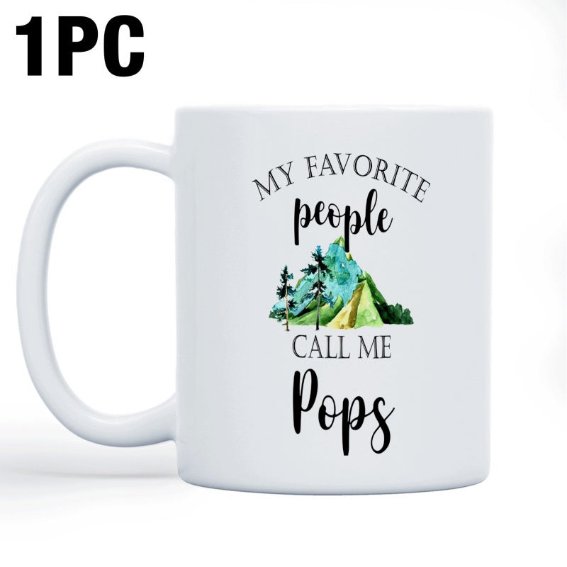 Tailorly White Ceramic 11 oz Mug - My Favorite People Call Me Pops Watercolor Green Mountains Standing Behind Tall Dark Evergreen Trees Scenic Nature Mountain