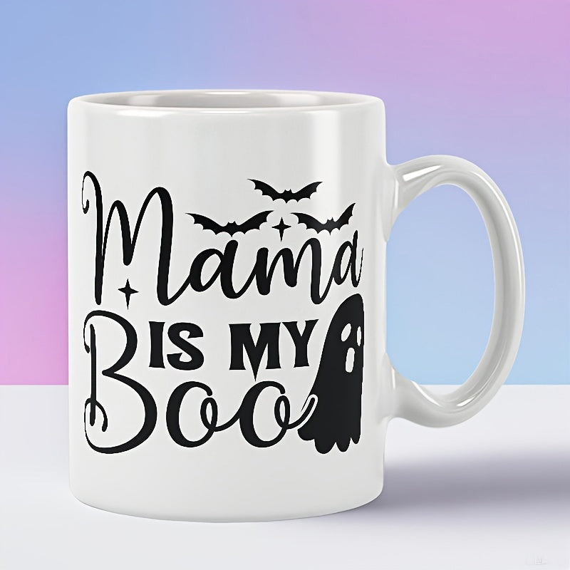 Tailorly White Ceramic 11 oz Mug - Mama Is My Boo Flying Bats With Twinkling Stars Beside A Friendly Silhouette Ghost