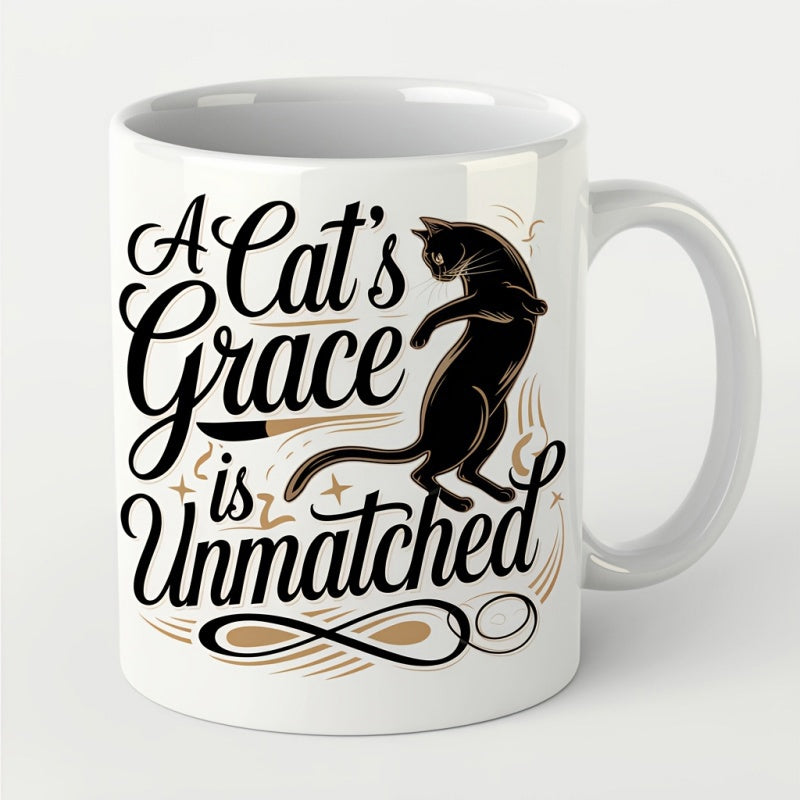 Tailorly White Ceramic 11 oz Mug - A Cat's Grace Is Unmatched Elegant Black Silhouette Posing Gracefully Among Decorative Artistic Swirls And Stars Cat