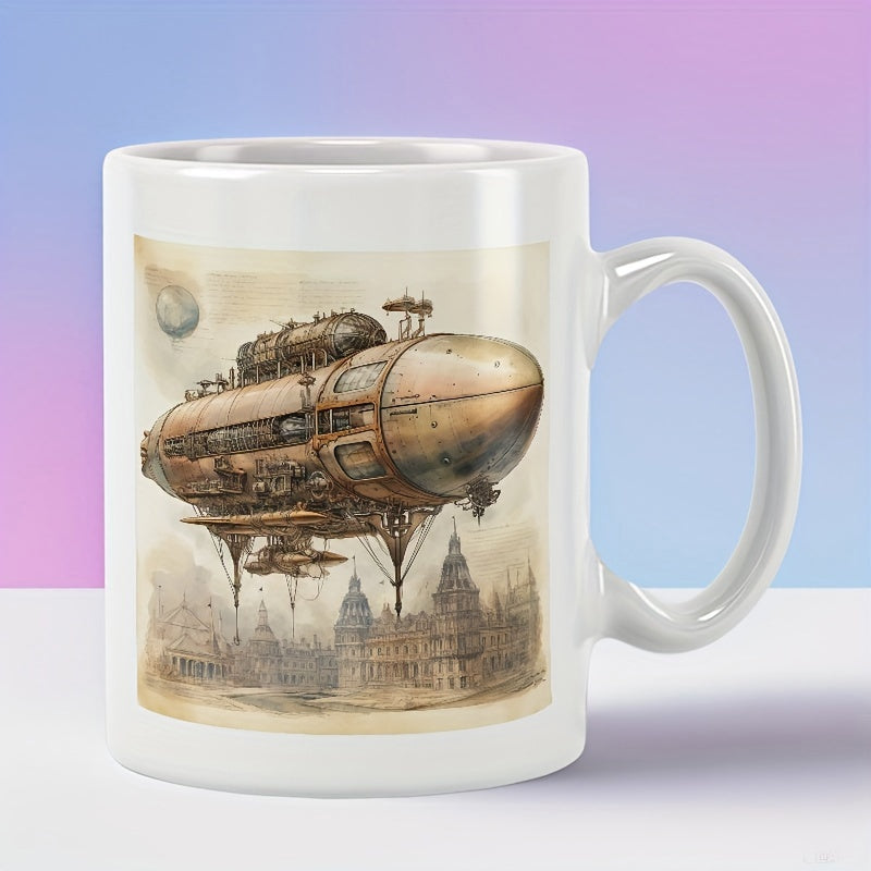Tailorly White Ceramic 11 oz Mug - Intricate Vintage Steampunk Vessel Floating Above A Detailed Ancient City Airship