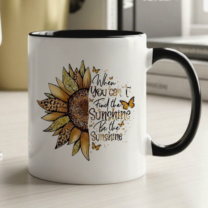 Tailorly Black Accent 11 oz Mug - sunflower design with golden glitter and inspirational quote
