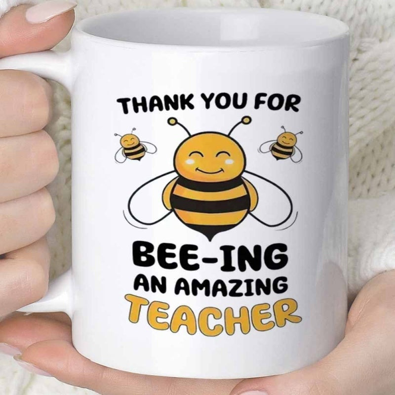 Tailorly White Ceramic 11 oz Mug - Thank You For Bee-ing An Amazing Teacher Adorable Smiling Cartoon Honey Bee Flying With Smaller Friends Bee
