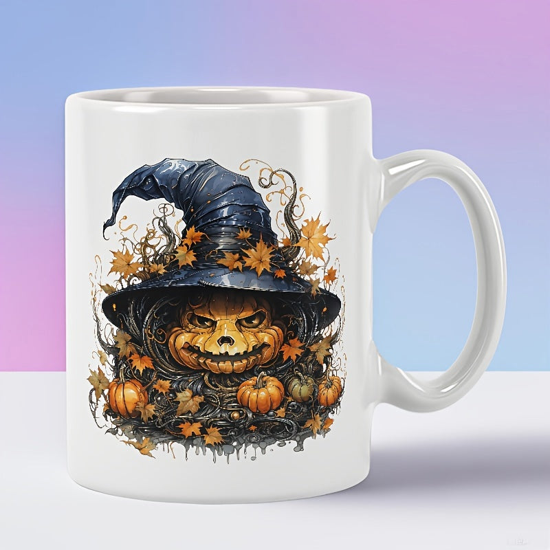 Tailorly White Ceramic 11 oz Mug - Scary Spooky Halloween Illustration With Wizard Hat And Dried Maple Leaves Pumpkin
