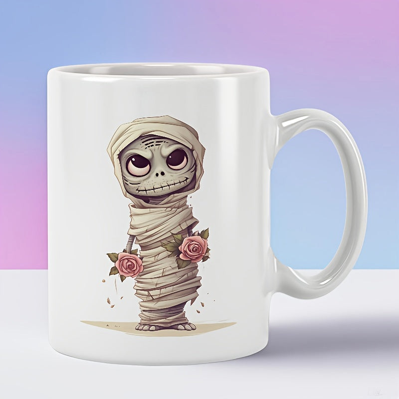 Tailorly White Ceramic 11 oz Mug - Adorable Small Mummy Wrapped In Bandages Holding Pink Roses On White Background Mummy