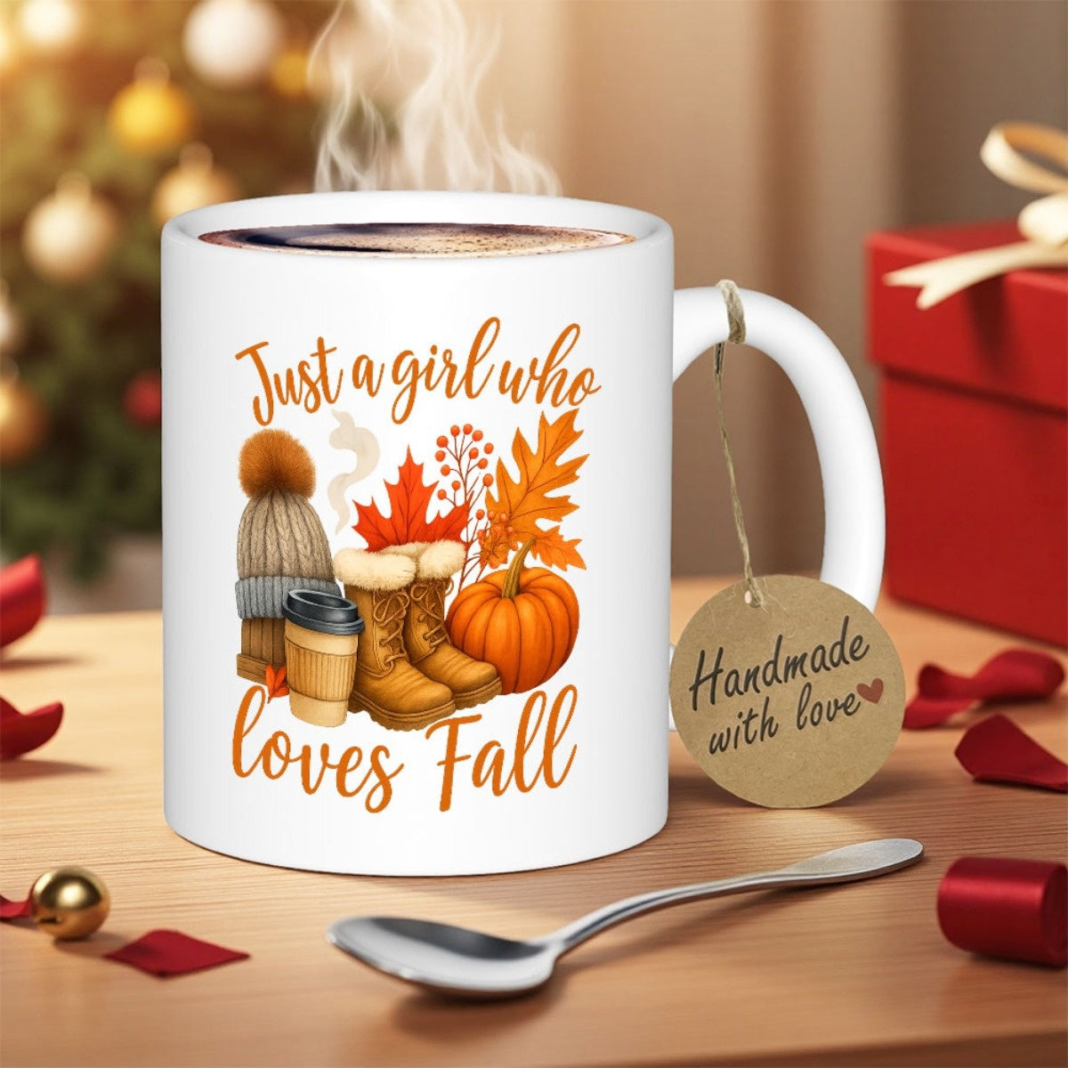 Tailorly White Ceramic 11 oz Mug - Just A Girl Who Loves Fall Cozy Seasonal Icons Including Pumpkin Leaves And Warm Winter Boots Fall