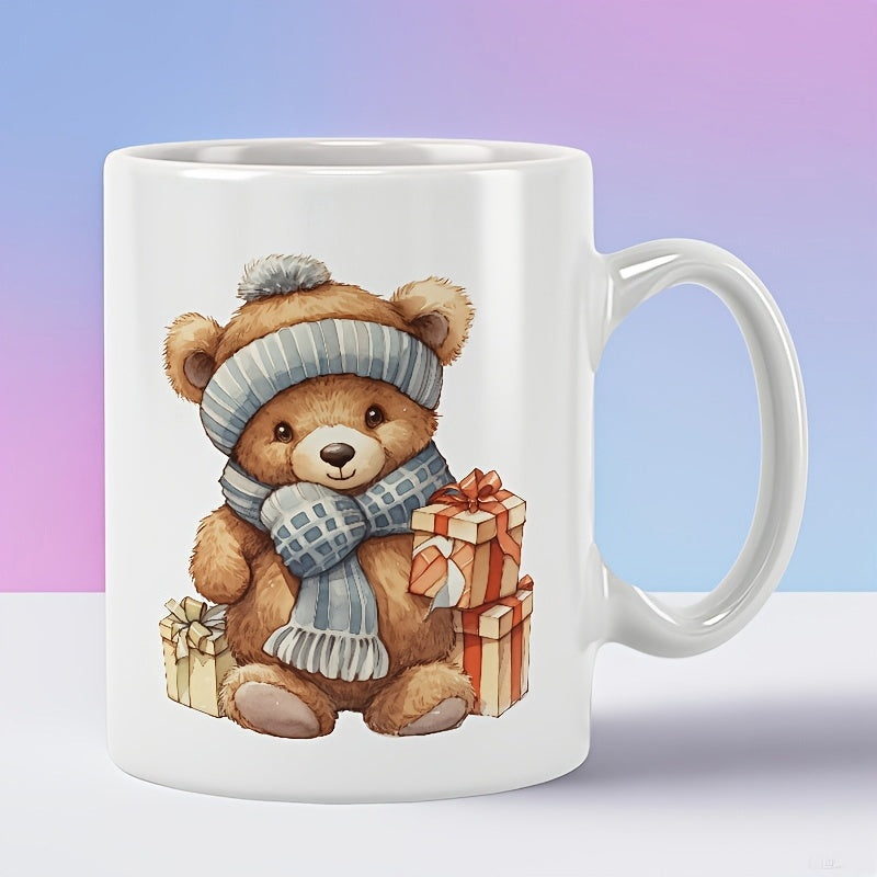 Tailorly White Ceramic 11 oz Mug - Cute Brown Teddy Bear Wearing Winter Scarf And Hat With Gifts Bear
