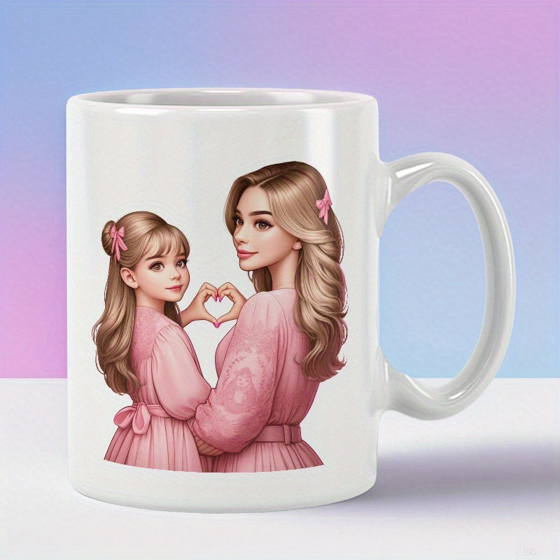 Tailorly White Ceramic 11 oz Mug - Tender Figures In Matching Pink Dresses Making Heart Hand Sign Mother And Daughter