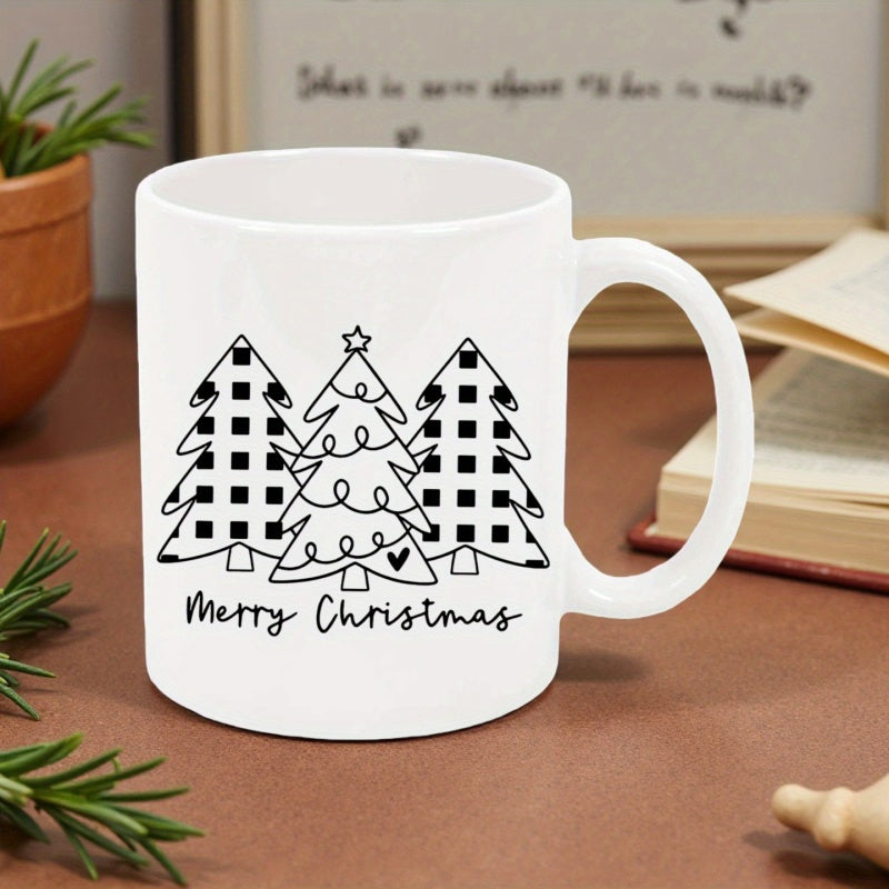 Tailorly White Ceramic 11 oz Mug - Merry Christmas Three Stylized Minimalist Evergreen Pine Patterns Featuring Buffalo Plaid Tree