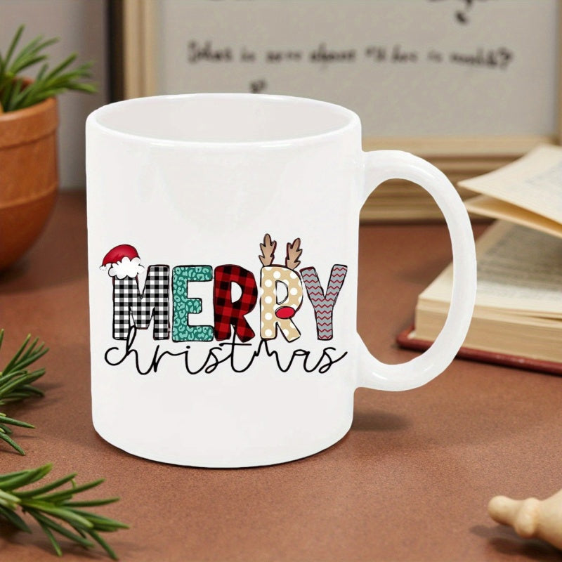 Tailorly White Ceramic 11 oz Mug - Merry Christmas Festive Holiday Patterns With Buffalo Plaid And Santa Hat Lettering