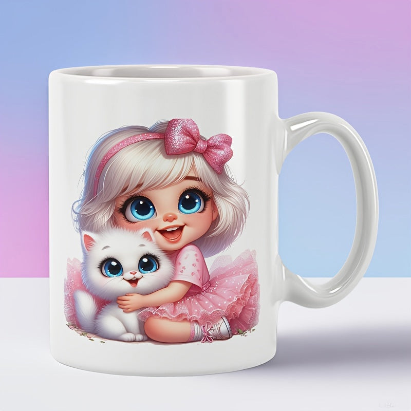 Tailorly White Ceramic 11 oz Mug - Sweet Little Girl Wearing Pink Bow Hugging A Fluffy White Kitten Girl