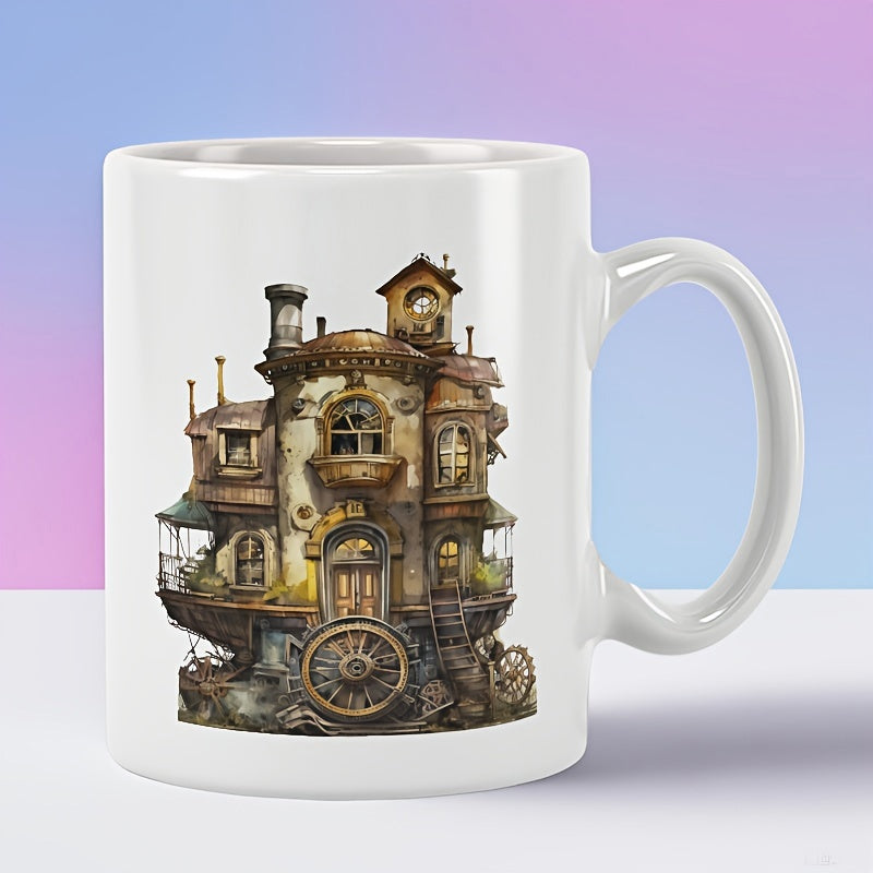 Tailorly White Ceramic 11 oz Mug - Intricately Detailed Vintage Mechanical Elements Forming A Whimsical Steampunk Clockwork House