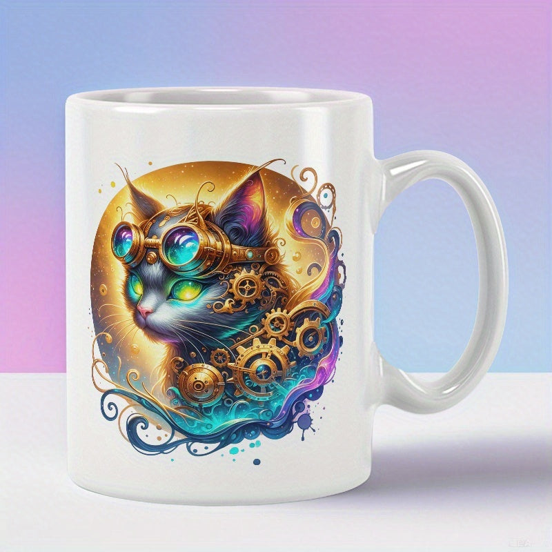 Tailorly White Ceramic 11 oz Mug - Steampunk Kitten Wearing Vintage Goggles Among Golden Mechanical Gears And Swirling Colors Cat