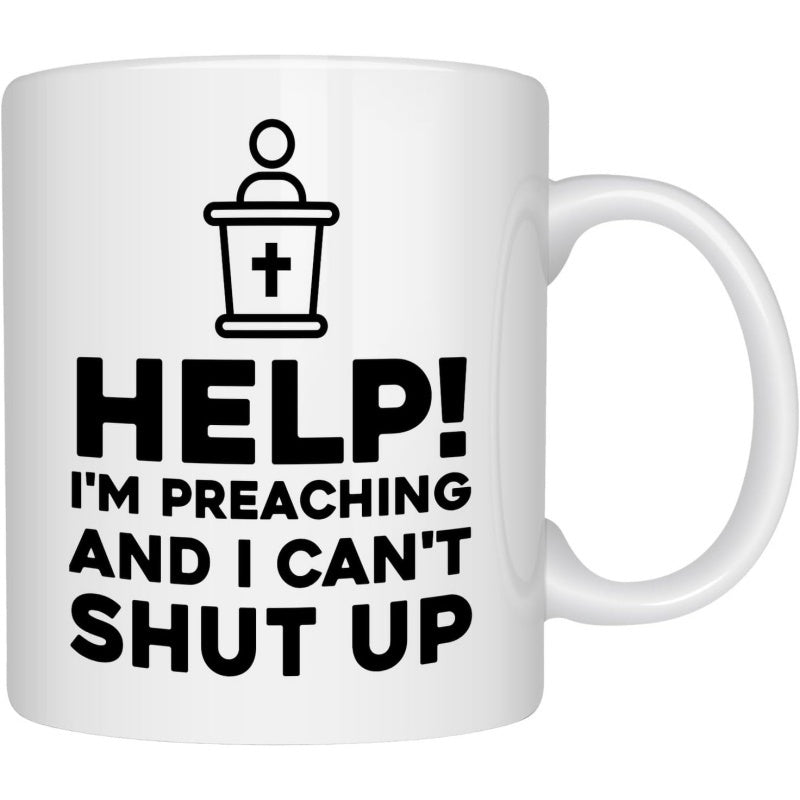 Tailorly White Ceramic 11 oz Mug - Help Im Preaching And I Cant Shut Up Minimalist Black Outline Icon Representing A Speaker Standing At A Church Pulpit