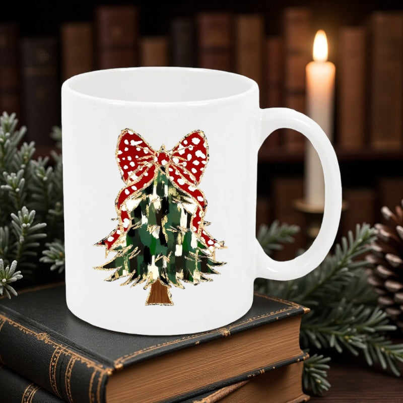 Tailorly White Ceramic 11 oz Mug - Festive Evergreen Tree Featuring Large Red Polka Dot Bow Ornament Christmas Tree