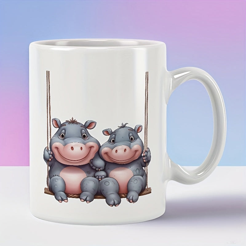 Tailorly White Ceramic 11 oz Mug - Adorable Cartoon Couple Sitting Together On A Wooden Swing Hippo