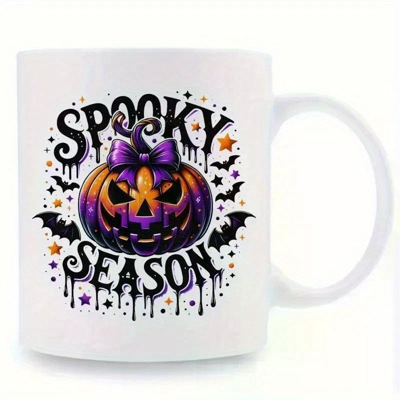 Tailorly White Ceramic 11 oz Mug - Spooky Season Festive Halloween Jack O Lantern With Purple Bow And Flying Bats Pumpkin