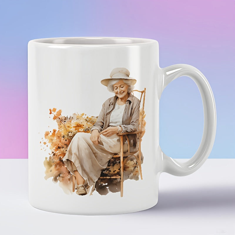 Tailorly White Ceramic 11 oz Mug - Vintage Watercolor Elderly Lady Resting In Garden Chair With Autumn Flowers Woman