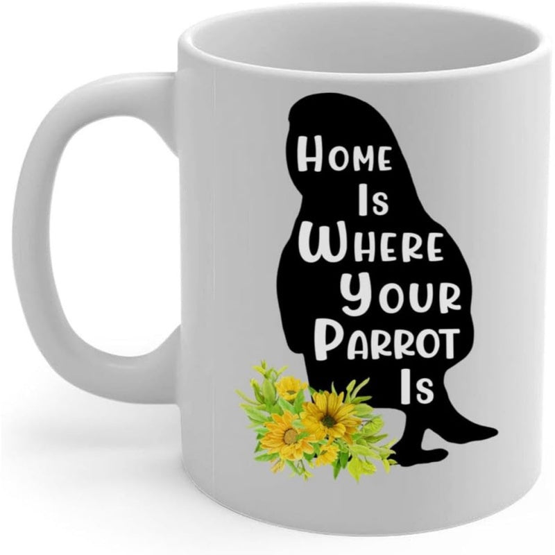 Tailorly White Ceramic 11 oz Mug - Home Is Where Your Parrot Is Black Parrot Silhouette With Vibrant Yellow Sunflowers And Green Leaves Parrot