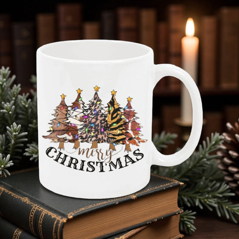 Tailorly White Ceramic 11 oz Mug - Merry Christmas Festive Holiday Forest Featuring Vibrant Animal Print Patterns And Twinkling Fairy Lights Trees