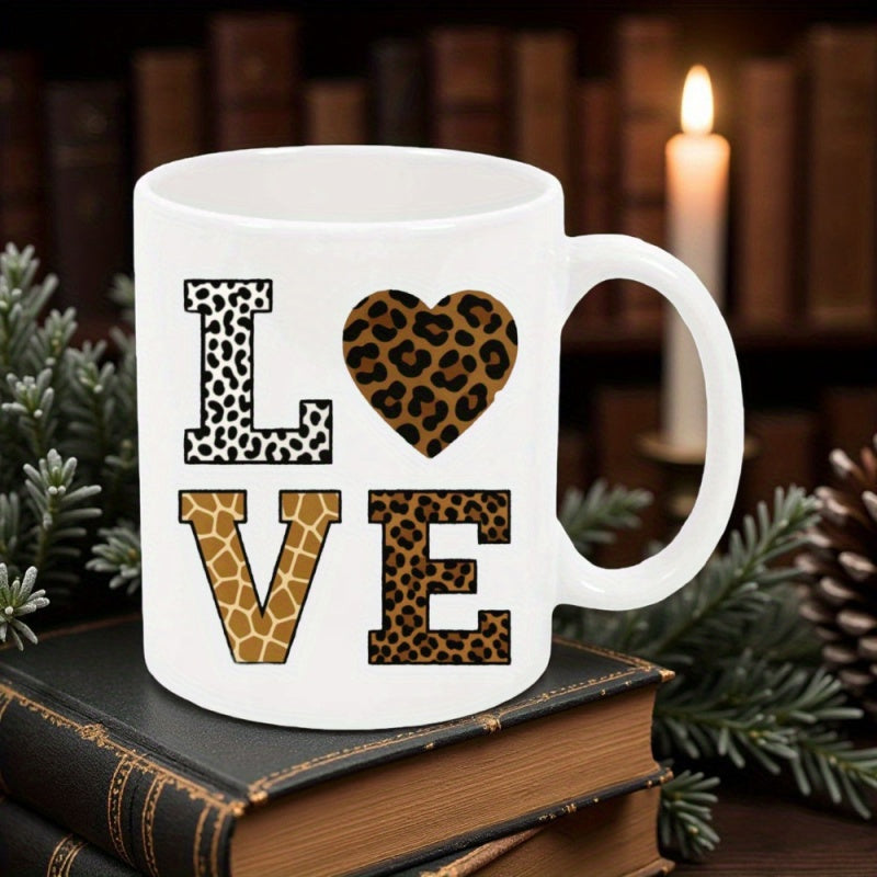 Tailorly White Ceramic 11 oz Mug - Love Leopard And Giraffe Prints Adorning Bold Block Typography With Central Heart