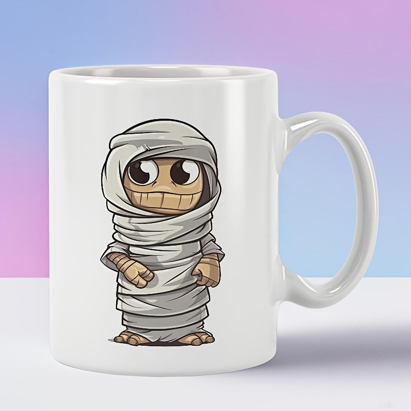 Tailorly White Ceramic 11 oz Mug - Adorable Small Cartoon Creature Wrapped In Ancient White Bandages Standing Mummy