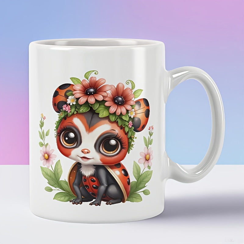 Tailorly White Ceramic 11 oz Mug - Adorable Stylized Ladybug Creature With Floral Crown And Green Leaves Ladybug