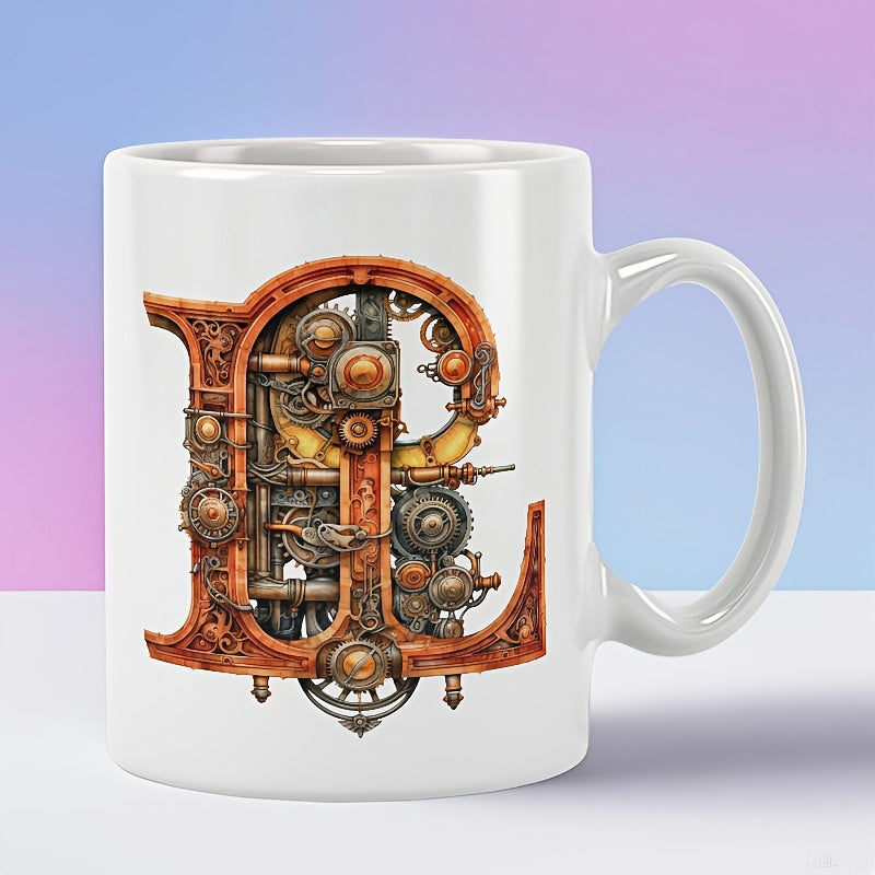 Tailorly White Ceramic 11 oz Mug - Intricate Steampunk Mechanical Gears And Copper Pipes Forming A Majestic Initial