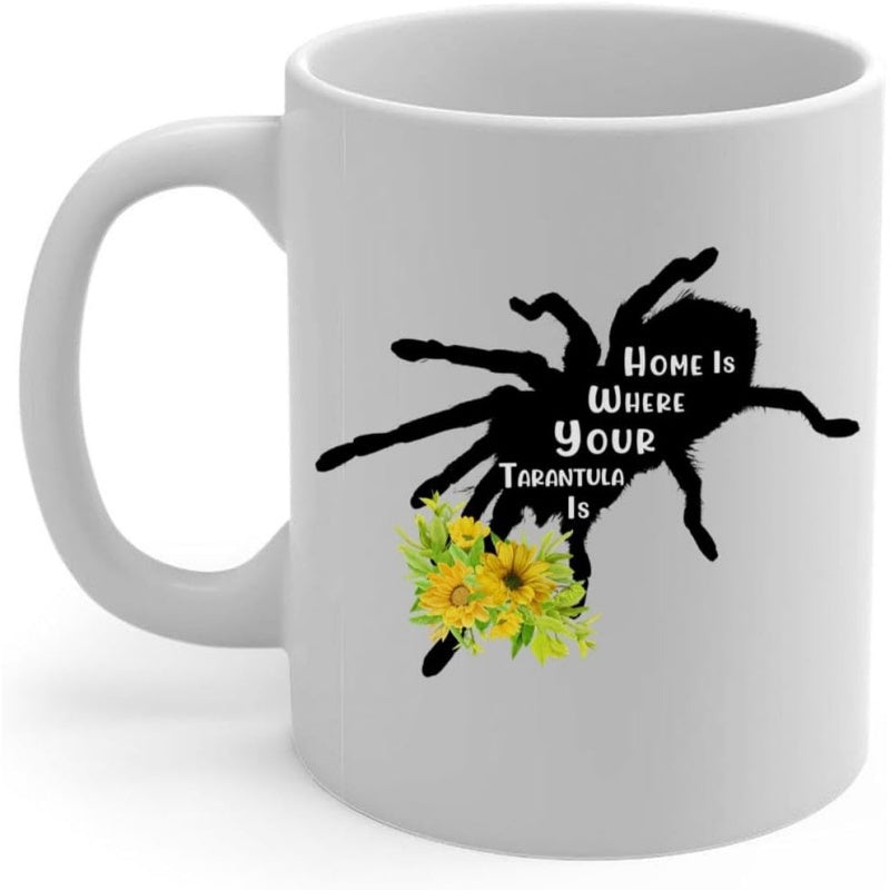 Tailorly White Ceramic 11 oz Mug - Home Is Where Your Tarantula Is Silhouette Of A Giant Spider Resting Near Vibrant Yellow Sunflower Tarantula