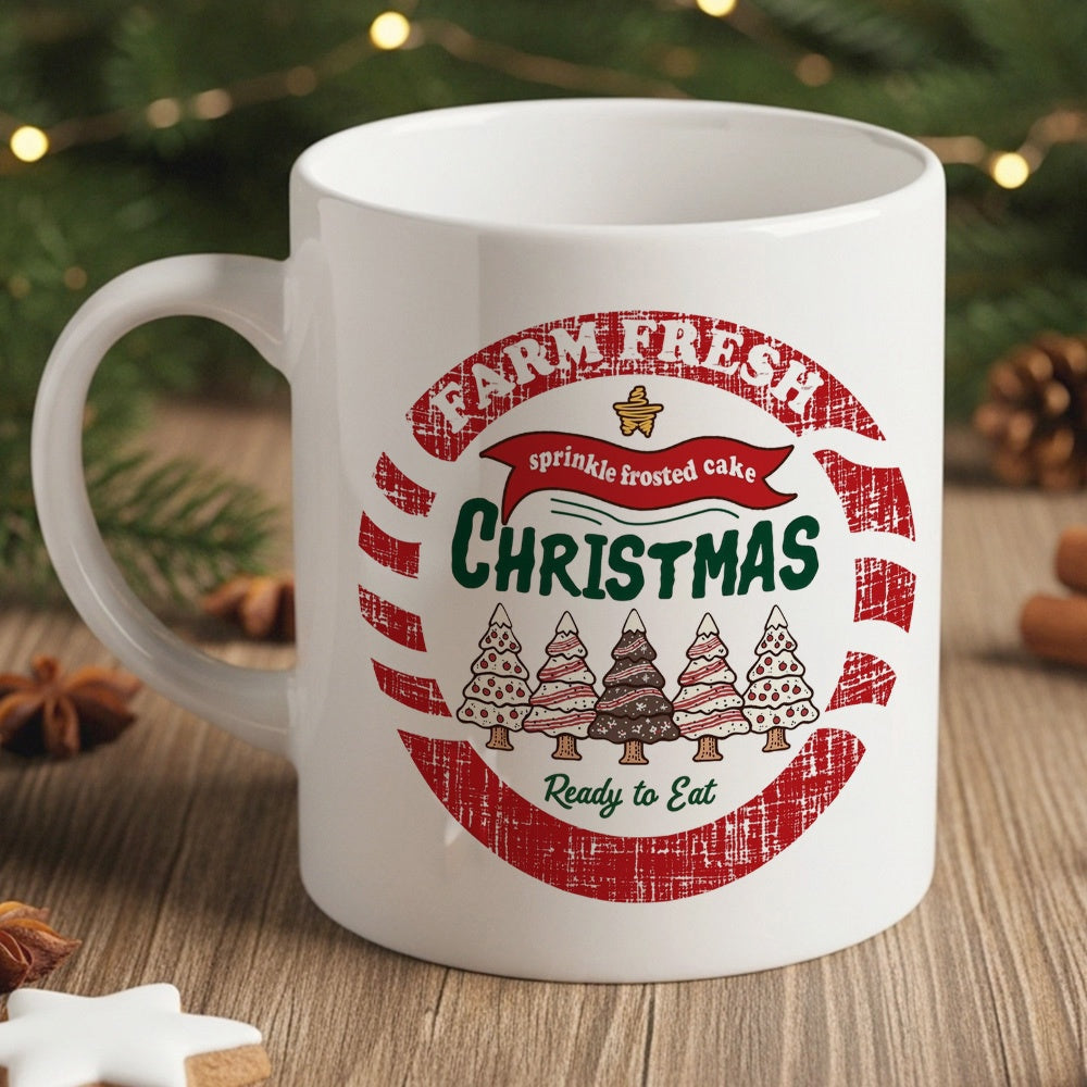 Tailorly White Ceramic 11 oz Mug - Farm Fresh Christmas Sprinkle Frosted Cake Ready To Eat Festive Vintage Circular Stamp With Five Small Decorated Holiday Pattern
