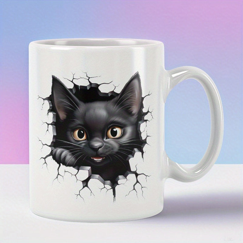 Tailorly White Ceramic 11 oz Mug - Cute Black Kitten Peering Through White Cracked Wall Surface Cat