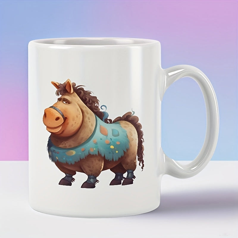 Tailorly White Ceramic 11 oz Mug - Adorable Fat Pony Character With Teal Spotted Blanket Standing Proudly Horse