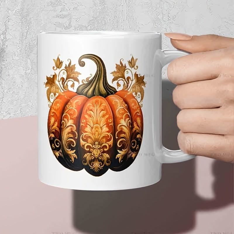 Tailorly White Ceramic 11 oz Mug - Ornate Golden Baroque Filigree Design Decorated On Vibrant Autumn Harvest Seasonal Pumpkin