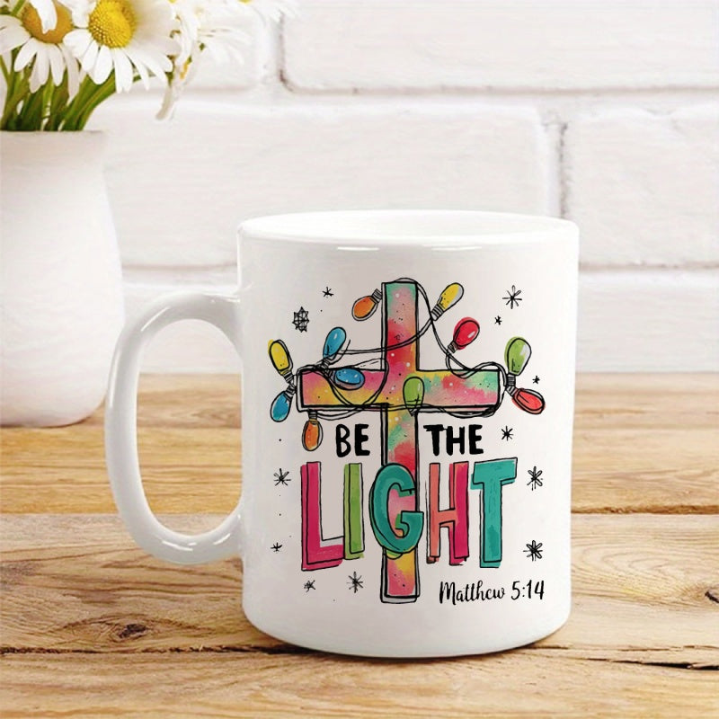 Tailorly White Ceramic 11 oz Mug - Be The Light Matthew 5 14 Colorful Religious Symbol Wrapped With Glowing Christmas Bulbs Cross