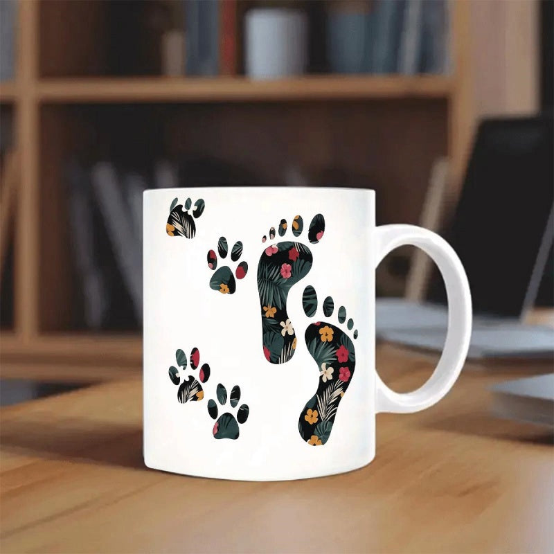 Tailorly White Ceramic 11 oz Mug - Floral Patterns Within Artistic Human And Dog Paw Shapes Print