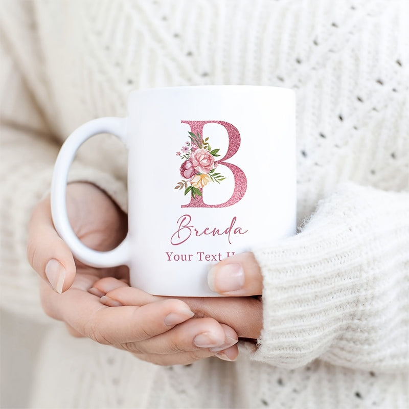Tailorly White Ceramic 11 oz Mug - Brenda Your Text Here Elegant Pink Roses Decorating A Large Letter B Initial Mug