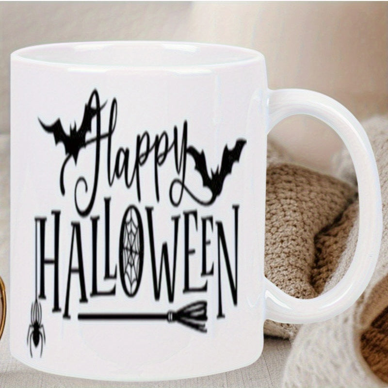 Tailorly White Ceramic 11 oz Mug - Happy Halloween Flying Bats And Hanging Spiders Near A Witch Broomstick Mug