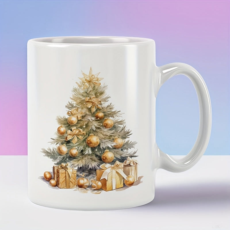 Tailorly White Ceramic 11 oz Mug - Elegant Watercolor Christmas Tree Decorated With Golden Baubles And Wrapped Gifts Mug