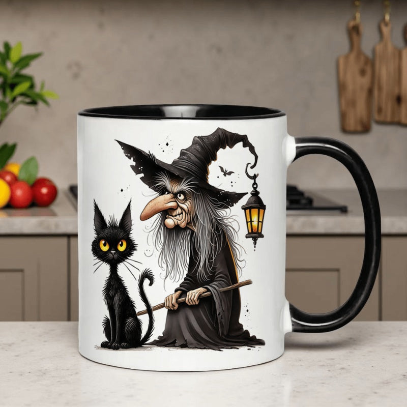 Tailorly Black Accent 11 oz Mug - one halloween themed coffee mug featuring a wizard and a cat in 11oz and 15oz sizes this ceramic cup is perfect for