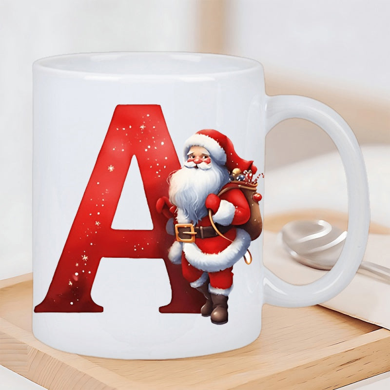 Tailorly White Ceramic 11 oz Mug - A Festive Red Glitter Letter Accompanied By A Classic Jolly Traditional Santa Claus