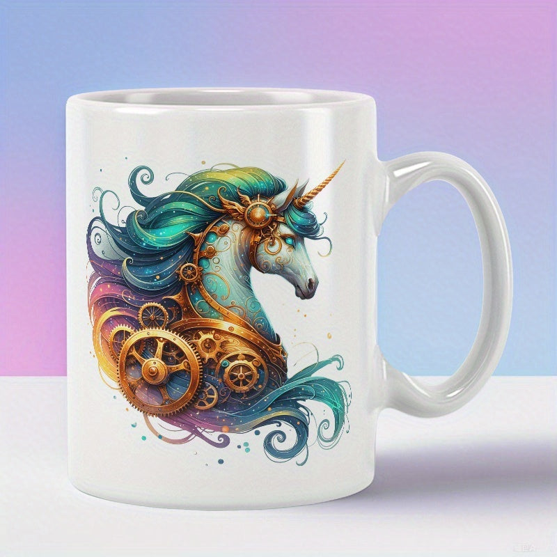Tailorly White Ceramic 11 oz Mug - Majestic Mythical Creature Featuring Bronzed Gears And Flowing Colorful Mane Unicorn