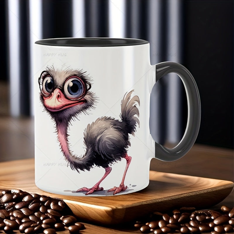 Tailorly Black Accent 11 oz Mug - ostrich wearing black framed glasses and big cute eyes