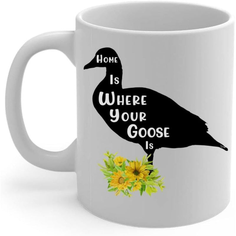 Tailorly White Ceramic 11 oz Mug - Home Is Where Your Goose Is Dark Silhouette Featuring Decorative Yellow Flowers Resting Underneath A Graceful Goose