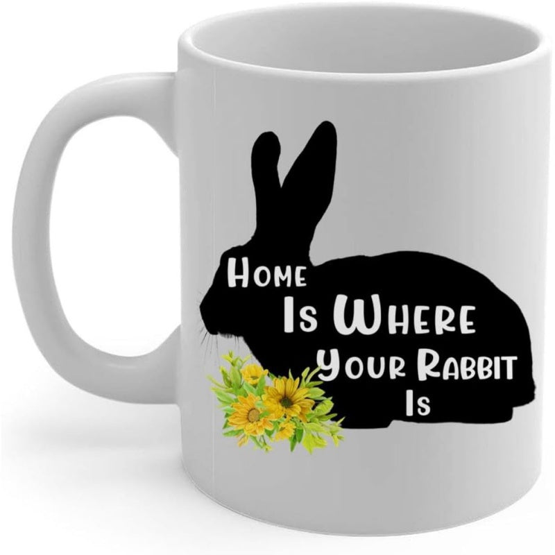 Tailorly White Ceramic 11 oz Mug - Home Is Where Your Rabbit Is Black Silhouette Featuring Vibrant Yellow Sunflowers And Green Leaves Rabbit